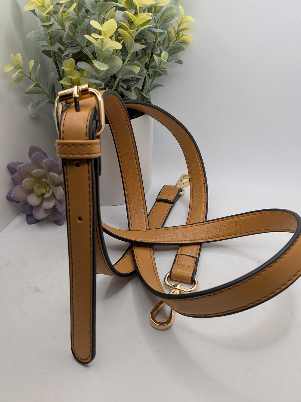 Tan Leather Crossbody Strap with Gold Hardware